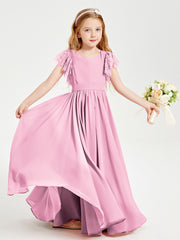 Chiffon Junior Bridesmaid Dresses with Lace Flutter Sleeves Candy Pink