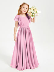 Chiffon Junior Bridesmaid Dresses with Lace Flutter Sleeves Candy Pink
