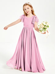 Chiffon Junior Bridesmaid Dresses with Lace Flutter Sleeves Candy Pink
