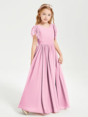 Chiffon Junior Bridesmaid Dresses with Lace Flutter Sleeves Candy Pink