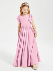 Chiffon Junior Bridesmaid Dresses with Lace Flutter Sleeves Candy Pink