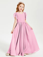 Chiffon Junior Bridesmaid Dresses with Lace Flutter Sleeves Candy Pink