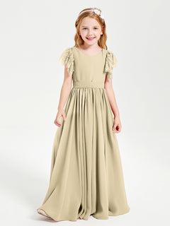 Chiffon Junior Bridesmaid Dresses with Lace Flutter Sleeves Champagne