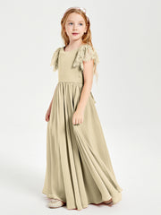 Chiffon Junior Bridesmaid Dresses with Lace Flutter Sleeves Champagne