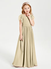 Chiffon Junior Bridesmaid Dresses with Lace Flutter Sleeves Champagne