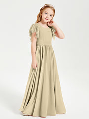 Chiffon Junior Bridesmaid Dresses with Lace Flutter Sleeves Champagne