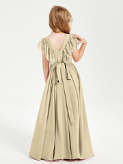 Chiffon Junior Bridesmaid Dresses with Lace Flutter Sleeves Champagne