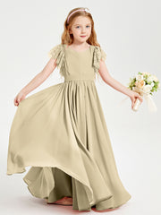 Chiffon Junior Bridesmaid Dresses with Lace Flutter Sleeves Champagne