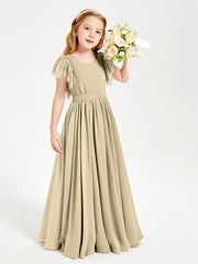Chiffon Junior Bridesmaid Dresses with Lace Flutter Sleeves Champagne