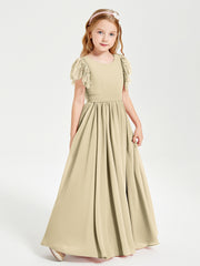 Chiffon Junior Bridesmaid Dresses with Lace Flutter Sleeves Champagne