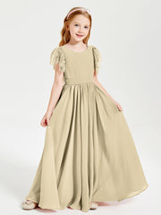 Chiffon Junior Bridesmaid Dresses with Lace Flutter Sleeves Champagne