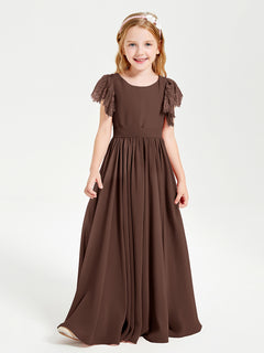 Chiffon Junior Bridesmaid Dresses with Lace Flutter Sleeves Chocolate