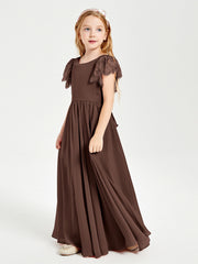 Chiffon Junior Bridesmaid Dresses with Lace Flutter Sleeves Chocolate