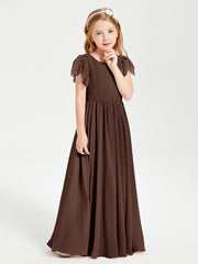 Chiffon Junior Bridesmaid Dresses with Lace Flutter Sleeves Chocolate