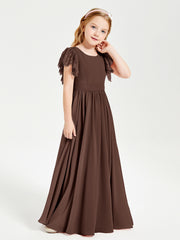 Chiffon Junior Bridesmaid Dresses with Lace Flutter Sleeves Chocolate