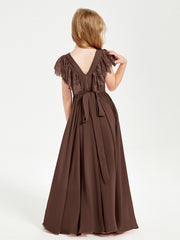Chiffon Junior Bridesmaid Dresses with Lace Flutter Sleeves Chocolate