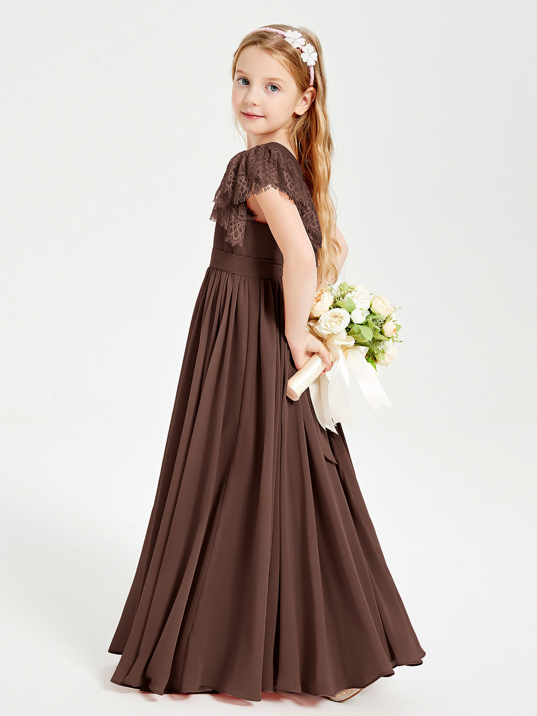 BABARONI Chiffon Lace Chocolate Junior Bridesmaid Dresses A-line Scoop  Floor-length Flutter Sleeves – BABARONI UK