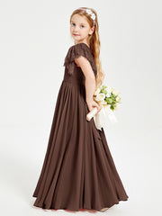 Chiffon Junior Bridesmaid Dresses with Lace Flutter Sleeves Chocolate