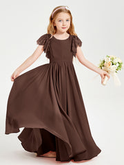 Chiffon Junior Bridesmaid Dresses with Lace Flutter Sleeves Chocolate