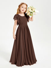 Chiffon Junior Bridesmaid Dresses with Lace Flutter Sleeves Chocolate