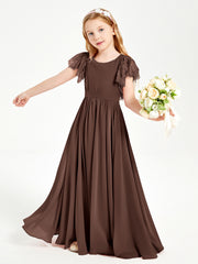 Chiffon Junior Bridesmaid Dresses with Lace Flutter Sleeves Chocolate