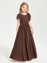 Chiffon Junior Bridesmaid Dresses with Lace Flutter Sleeves Chocolate