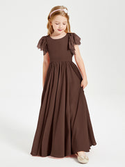 Chiffon Junior Bridesmaid Dresses with Lace Flutter Sleeves Chocolate