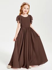 Chiffon Junior Bridesmaid Dresses with Lace Flutter Sleeves Chocolate