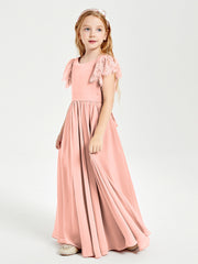 Chiffon Junior Bridesmaid Dresses with Lace Flutter Sleeves Coral