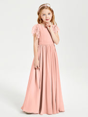 Chiffon Junior Bridesmaid Dresses with Lace Flutter Sleeves Coral