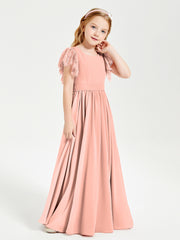 Chiffon Junior Bridesmaid Dresses with Lace Flutter Sleeves Coral