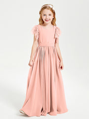 Chiffon Junior Bridesmaid Dresses with Lace Flutter Sleeves Coral