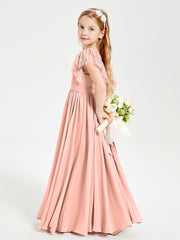 Chiffon Junior Bridesmaid Dresses with Lace Flutter Sleeves Coral