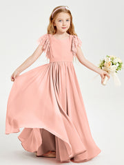 Chiffon Junior Bridesmaid Dresses with Lace Flutter Sleeves Coral
