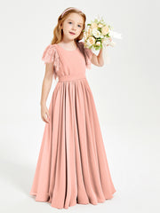 Chiffon Junior Bridesmaid Dresses with Lace Flutter Sleeves Coral