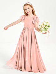 Chiffon Junior Bridesmaid Dresses with Lace Flutter Sleeves Coral