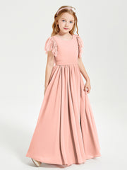 Chiffon Junior Bridesmaid Dresses with Lace Flutter Sleeves Coral