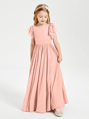 Chiffon Junior Bridesmaid Dresses with Lace Flutter Sleeves Coral