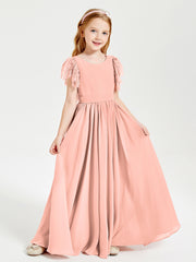 Chiffon Junior Bridesmaid Dresses with Lace Flutter Sleeves Coral