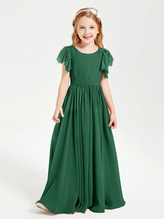 Chiffon Junior Bridesmaid Dresses with Lace Flutter Sleeves Dark Green