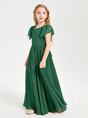 Chiffon Junior Bridesmaid Dresses with Lace Flutter Sleeves Dark Green
