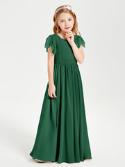 Chiffon Junior Bridesmaid Dresses with Lace Flutter Sleeves Dark Green