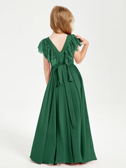 Chiffon Junior Bridesmaid Dresses with Lace Flutter Sleeves Dark Green
