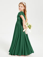 Chiffon Junior Bridesmaid Dresses with Lace Flutter Sleeves Dark Green