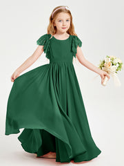 Chiffon Junior Bridesmaid Dresses with Lace Flutter Sleeves Dark Green