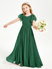 Chiffon Junior Bridesmaid Dresses with Lace Flutter Sleeves Dark Green