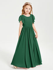 Chiffon Junior Bridesmaid Dresses with Lace Flutter Sleeves Dark Green