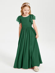 Chiffon Junior Bridesmaid Dresses with Lace Flutter Sleeves Dark Green