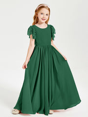 Chiffon Junior Bridesmaid Dresses with Lace Flutter Sleeves Dark Green