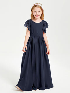 Chiffon Junior Bridesmaid Dresses with Lace Flutter Sleeves Dark Navy